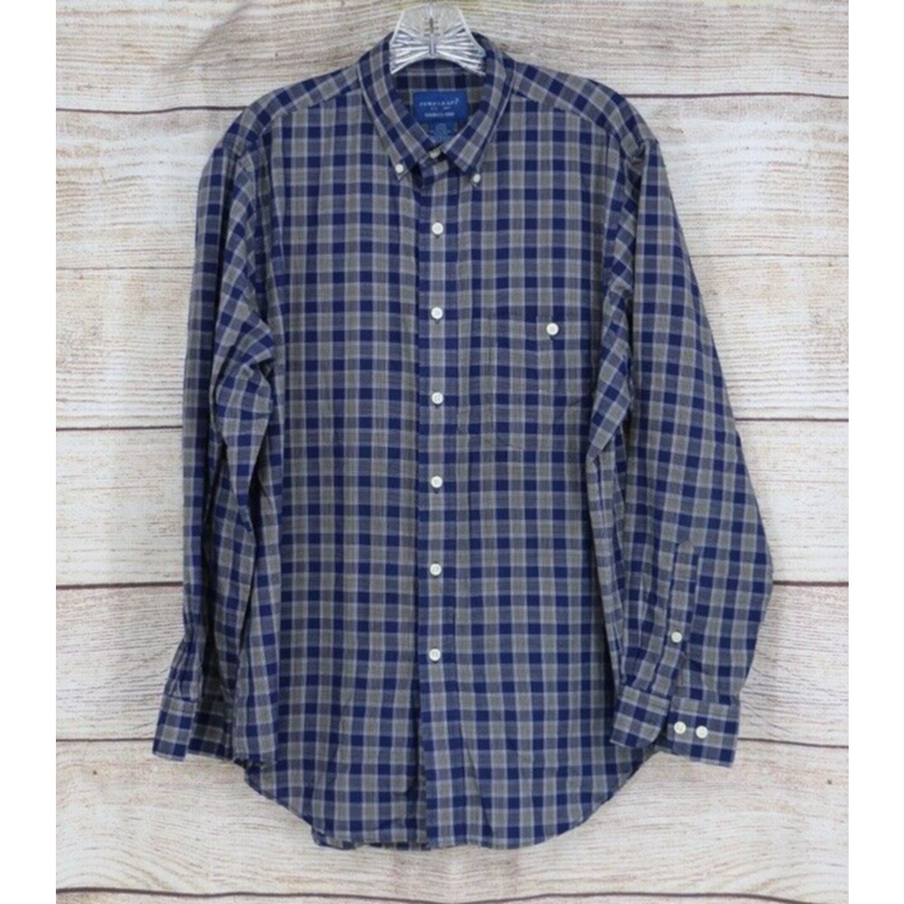 TownCraft Mens Size Large Wrinkle Free Button Up Long Sleeve Plaid Shirt Navy